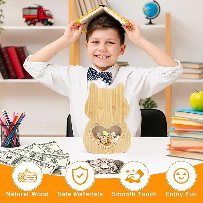 Wooden Money Saving Box,Piggy Banks for Kids,Cat Shaped Piggy Bank,Kids Money Box,Unbreakable Cash Saving Box,Christmas Birthday Gift for Boys and Girls