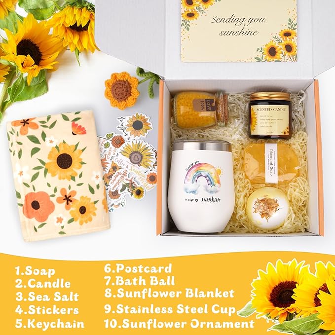 Gift Baskets for Women,10PCS Sunflower Gifts Set for Women,Get Well Gifts for Women,Self Care Gifts for women,Gift Box with Blanket Coffee Mugs for Mom Her Sister Best Friend