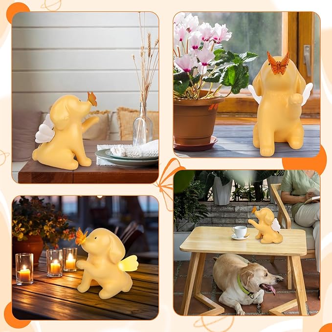 Solar Garden Statue Dog Figurine, Angel Dog Statue Butterfly Light Garden Decor Outdoor Statue for Patio Balcony Lawn, Housewarming Gifts for Kids Adults