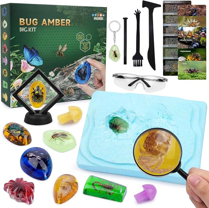 Amber Dig Kit, 6 Insect Specimens and 2 Gem Digging Kit for Kids Age 8-12, Fossil Kit Science Kits for Kids Age 8-12 Boys Girls, Birthday Gifts, Amber Collection