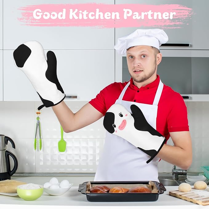 Oven Mitts,Oven Mitts and Pot Holders 4 Pcs Sets,Cute Cow Oven Gloves Heat Resistant with Hanging Loop, Oven Mit and Hot Pads Potholders with Cotton for Cooking Baking (White)