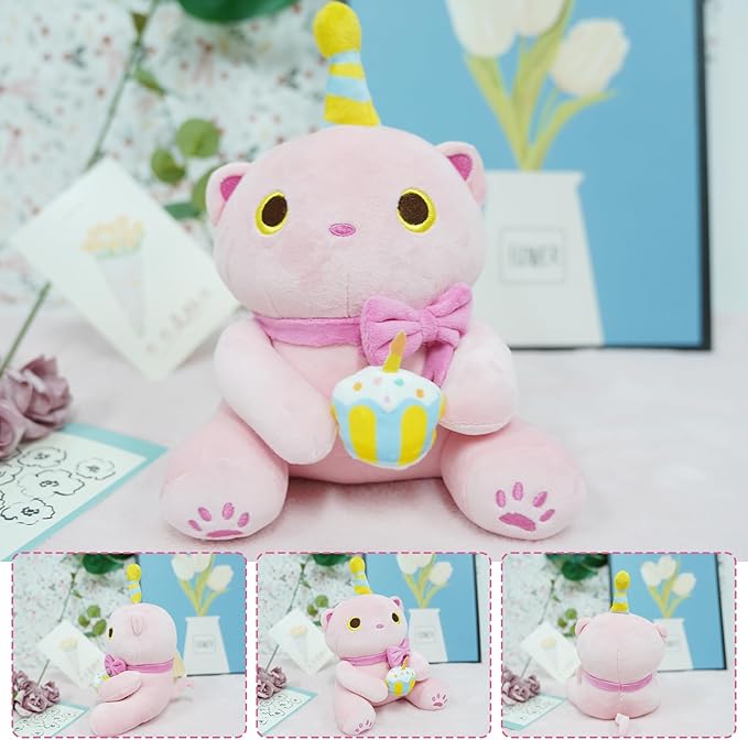 Christmas Cat Plush - Pink Cat Birthday Stuffed Animal, 8 Inch Cute Happy Birthday Cat Plushies Plush Pillow, Soft Stuffed Cat Plush Toy Birthday for Kids
