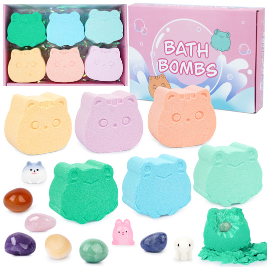 Kids Bath Bombs with Surprise Inside, 6pcs Bath Bombs for Kids with Stones, Crystals and Gemstones, Frog and Cat Shape Kids Bath Bombs Gift Set Kid Toys for Boys and Girls