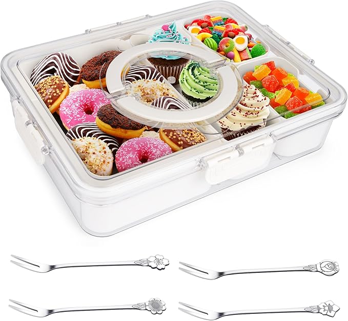 Divided Serving Tray with Lid and Handle, Portable Snackle Box Container, Snack Container, Snack Platters Organizer for Fruit, Veggie Tray, Perfect for Party