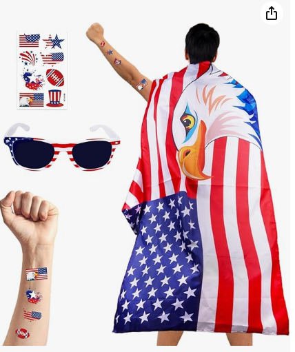 American Flag Costume Cape, 4th of July USA Flag Costume with Sunglasses Temporary Tattoo Stickers, USA Patriotic Eagle Flag Cloak for Adult Women Men Patriotic Party