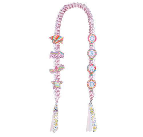 Class of 2025 Graduation Leis,Pink & White Ribbon Lei with Dly Accessories,Graduation Gifts for Woman Gril Kids Graduate