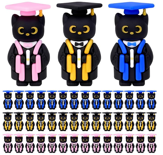 Graduation Gifts Set Class of 2025, 45 PCS Black Cat Figurines with Cap Diploma, PVC Mini Cat Resin Hide Prank Figures for Storage Bag for Student Gifts Party Favor
