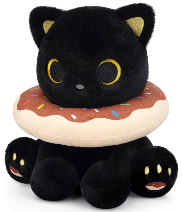 Black Cat Plush, 8inch Donut Black Cat Stuffed Animal Cute Plushies Toys for Girls Kids Boys, Kawaii Kitten Plushie for Kids Adult Birthday Gift