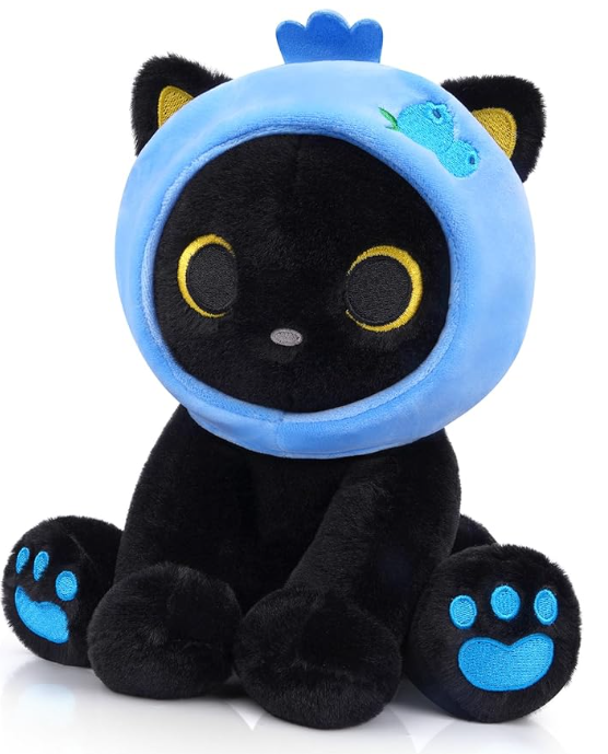 Black Cat Plush,8inch Blueberry Cat Stuffed Animals for Kids Cartoon Cats Plush, Cute Kitten Stuffy Gift for Kids Girl Boys Toddler Birthday