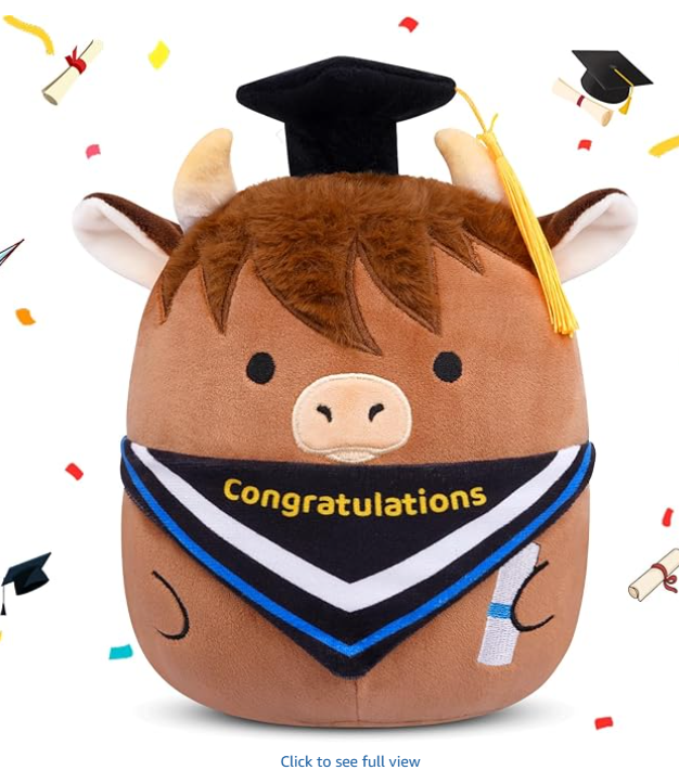 Graduation Highland Cow Stuffed Animal,8in Highland Cow Plush Pillow,Kawaii Stuffed Animals Plushie with Cap Diploma Scarf,2025 Graduation Gifts for Kindergarten High School College