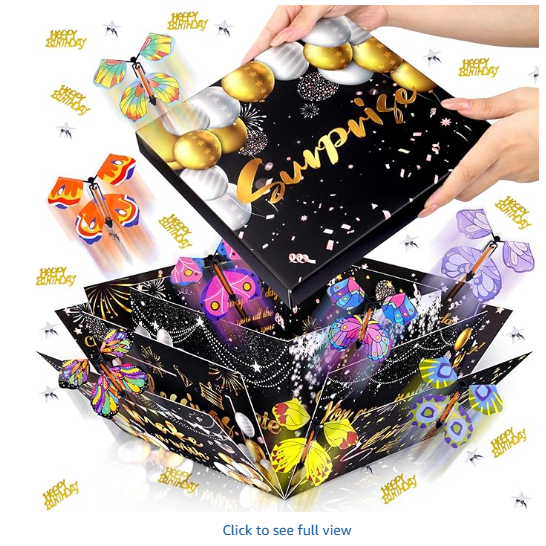 Birthday Explosion Gift Box, Flying Butterfly Surprise Box with 8 Colorful Butterfly Sequins Raffia, Black Gold Fantasy Box, Butterfly Explosion Gifts Boxs for Birthday Gifts Wrapping