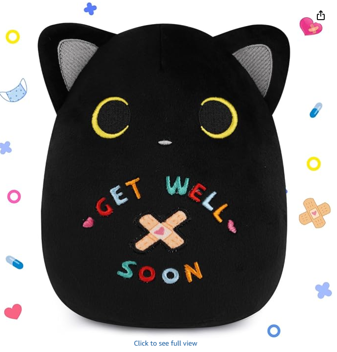 Black Cat Plush Toy, 8inch Cat Stuffed Animal Get Well Soon Gift Plushies for Girls Kids,Cute Plushie Soft Black Cat Huggable Pillow Feel Better Gifts for Kids