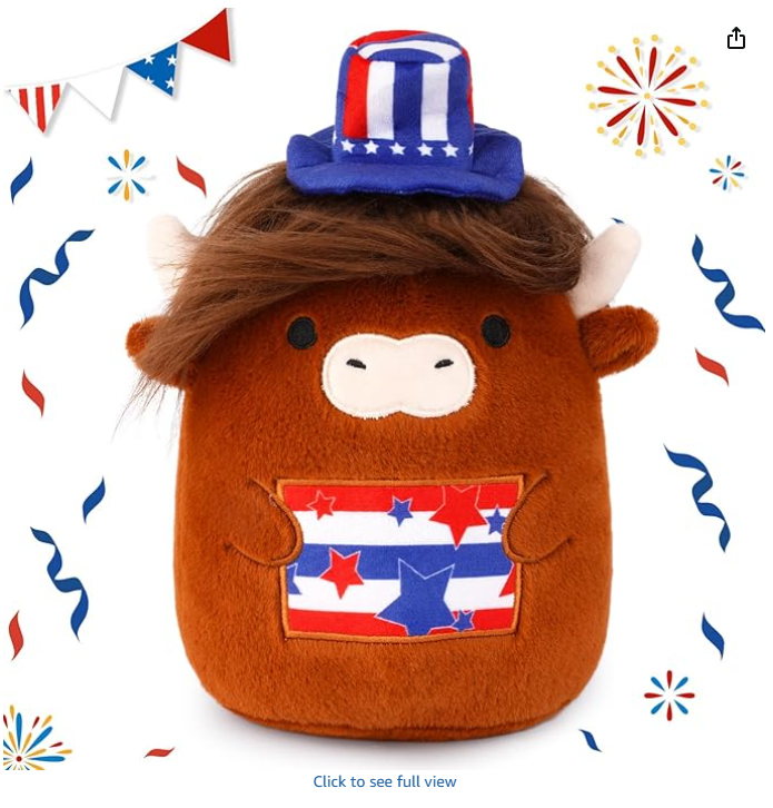 Highland Cow Stuffed Animal, Patriotic Stuffed Cow Hold USA Flag Memorial Day July 4th Decorations, Highland Cow Gifts for Kids, Boys, Girls Fourth of July Dolls for Office, Indoor