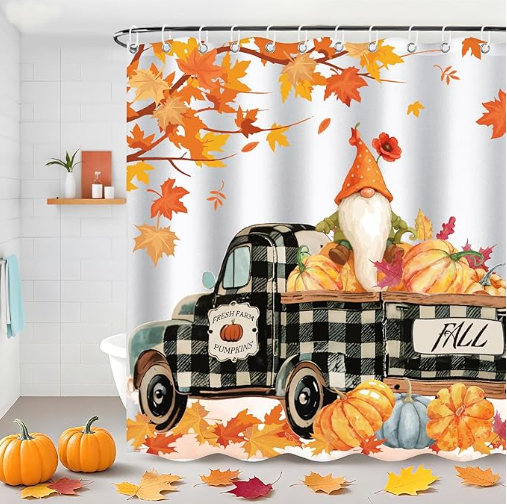 Thanksgiving Shower Curtains, Fall Gnome Shower Curtains for Bathroom, Pumpkins Maple Leaves Curtains with 12 Hook, Thanksgiving Fall Bathroom Decor