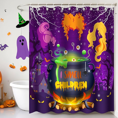 Halloween Shower Curtain - Purple Bathroom Curtain with Witch, Funny Halloween Bathroom Decor, Waterproof Polyester Fabric with Hooks, 72x72 Inches