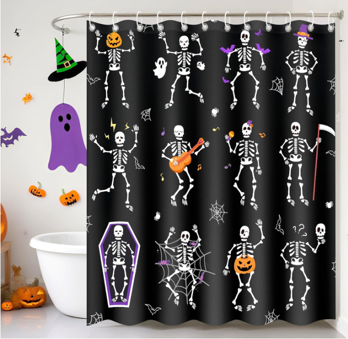 Halloween Shower Curtain - Funny Shower Curtain with Black Skul Skeleton, Machine Washable Waterproof Fabric for Bathroom Decor with 12 Hooks 72x72