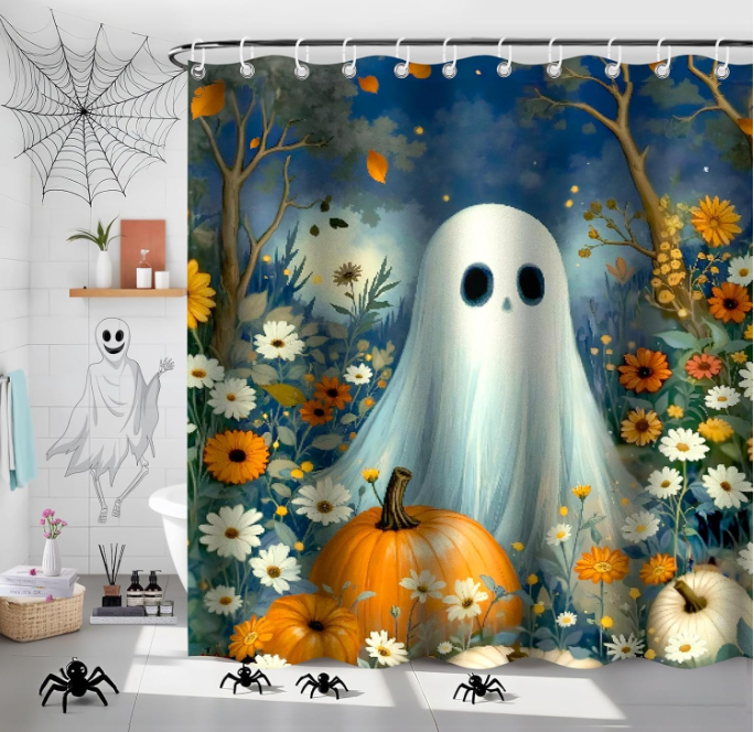 Halloween Shower Curtain,Pumpkin Ghost Shower Curtain with 12 Hooks, 72"x72" Waterproof Curtains for Bathroom Decor Toilet & Bathtub, Funny Halloween Decor & Gift