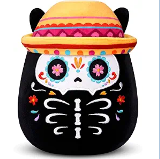 Black Cat Plush - 8inch Day of The Dead Skeleton Cat Decor Halloween Stuffed Animal - Sugar Skull Floral Black Kitten Plushies Día de Los Muertos Gift for Kids, Girls & Boys