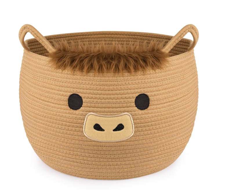 Highland Cute Cow Basket for Nursery, Large Blanket Gift Basket, Woven Rope Cotton Storage, Baby Laundry 0rganizer with Ears Handles, Towels Toy Clothes Gifts Storage Cat Dog Bin,13"D×11.5"H