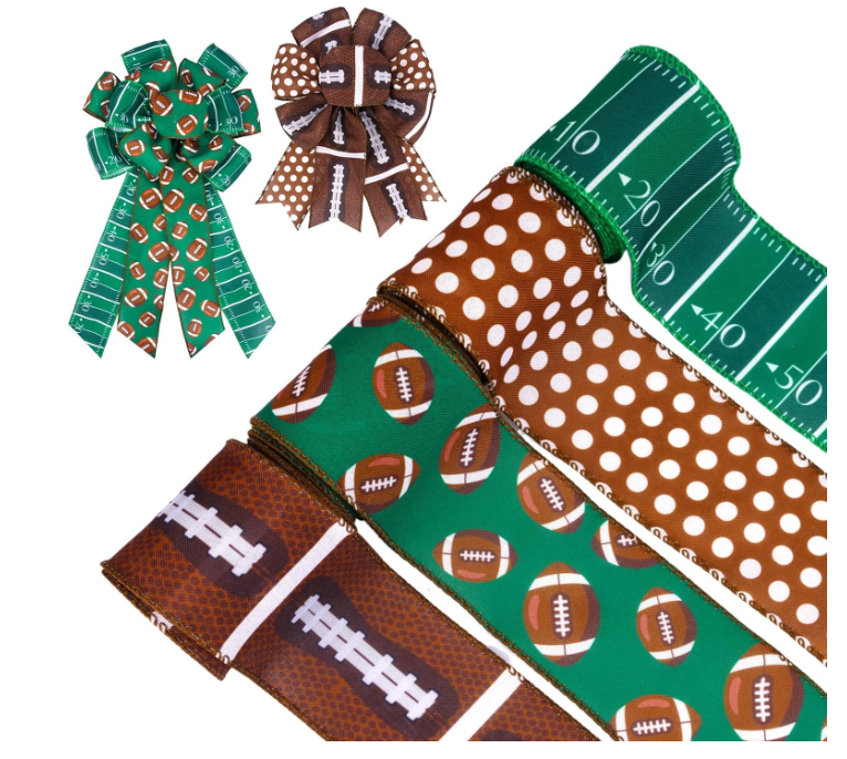 Football Wired Ribbon, 4 Rolls Brown Green American Football Sport Ribbon for Gift Wrapping Sports Ball Game Party Favors Hand Crafts Supplies,20 Yards