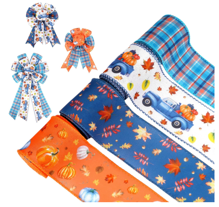 Fall Wired Ribbon,4 Rolls Thanksgiving Day Pumpkin Maple Leaves Fabric Ribbon,Orange and Brown Plaids Craft for Bow Making Wreath Floral Gift Box Wrapping,20 Yards