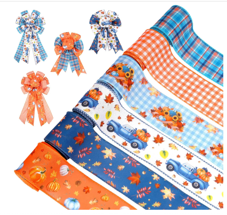 Fall Ribbon,6 Rolls Thanksgiving Day Pumpkin Maple Leaves Fabric Wired Ribbon,Orange White Blue Plaids Craft for Bow Wreath Floral Gift Box Wrapping,Thanksgiving Decor Gifts,30 Yards