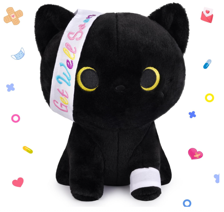 Get Well Soon Black Cat Plush, 8 Inch Get Well Soon Gifts for Kids, Get Well Black Cat Stuffed Animal with Bandage, Emotional Support Plush Toy, Feel Better Gifts for Women Kids