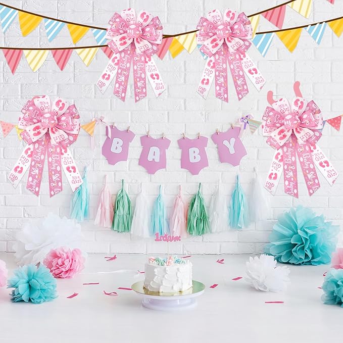 Baby Shower Wreath Bows, Gender Reveal Decorations Baby Pink Bows Tree Topper, Pink Wreath Bows for Front Door, Indoor Outside, Welcome Home Baby Shower Decorations Party Favors