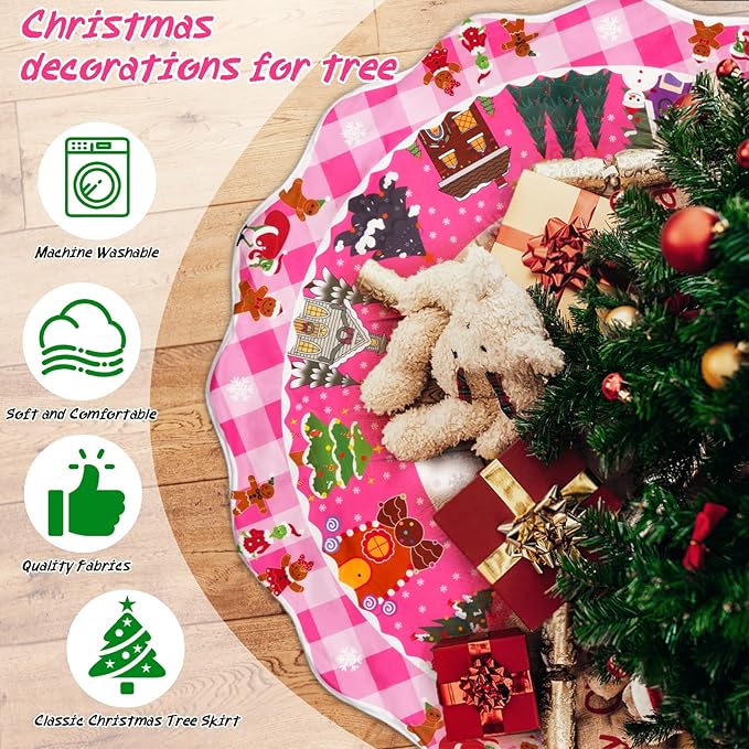 Christmas Tree Skirt,48 Inches Pink Large Xmas Tree Skirt with Snowflake Christmas Tree,Pink Christmas Tree Skirts for Merry Christmas Holiday Party Decorations Indoor Outdoor