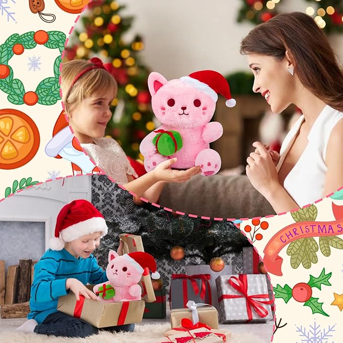 Christmas Stuffed Animal Pink Cat Plush, Cute Cat Stuffed Animal with Gift Box Plush for Kid, Kawaii Cat Plushie Toy for Kids Boys Girls Cartoon Christmas Decoration