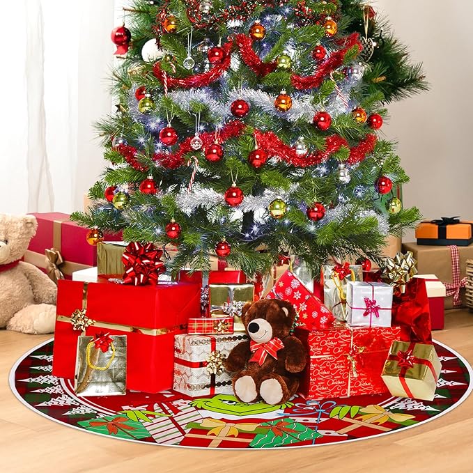 Christmas Tree Skirt 48 Inch, Merry Christmas Large Red Tree Skirt with Green Monster Soft and Funny, Home Decorations for Xmas New Year Holiday Party Farmhouse Decoration