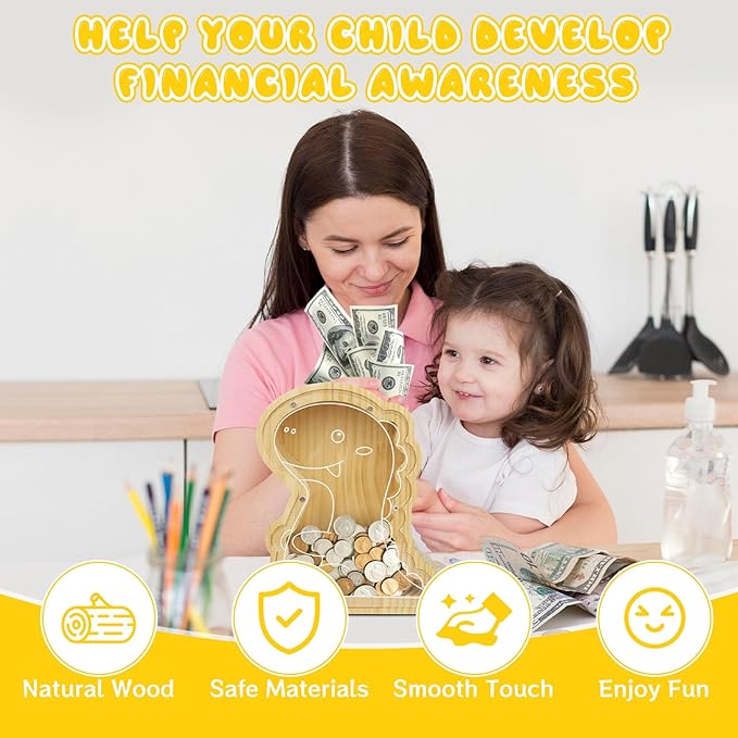 Dinosaur Piggy Banks for Kids,Wooden Money Saving Box,Kids Money Box,Unbreakable Cash Saving Box,Christmas Birthday Gift for Boys and Girls