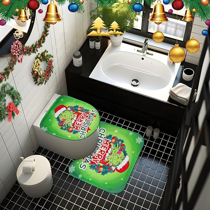 4Pcs Christmas Shower Curtain Set, Funny Christmas Bathroom Sets with Waterproof Shower Curtain, Non Slip Rugs, Toilet Lid Cover, Bath Mat, Xmas Gifts Bathroom Decor with 12 Hooks 71'' x 71''