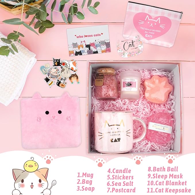 Cat Lover Gifts for Women,Cat Mom Gifts,Gift Box Set for Mom,Best Friends,Pink Cat Themed Gift for Girlfriend Coworker Sister,Birthday,Mothers Day,Christmas
