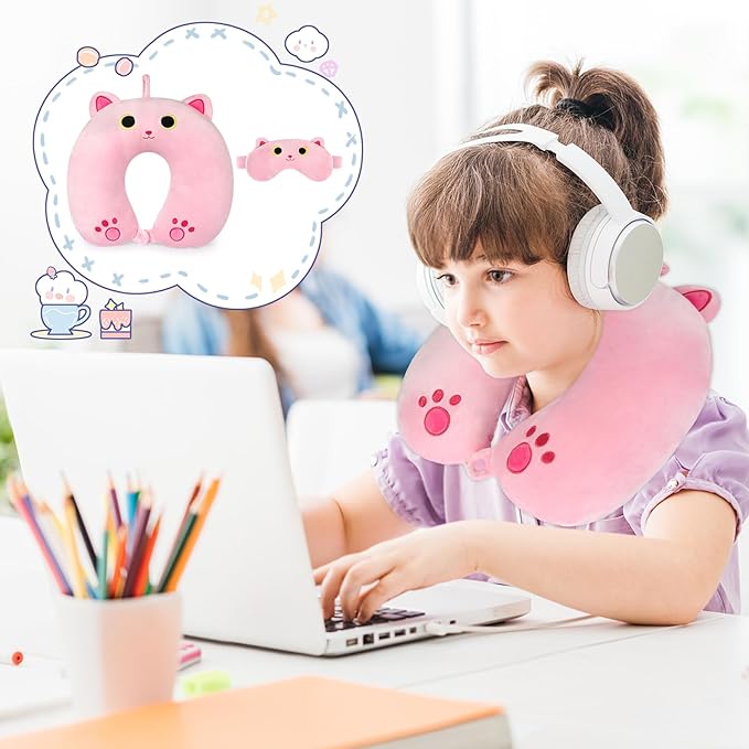 Travel Neck Pillow for Kids, Cute Cat Pillow with Eye Mask for Sleeping Journey, U-Shaped Neck Pillow for Traveling,Rest Neck Support for Long Flights Cars,Birthday Gifts(Pinks)