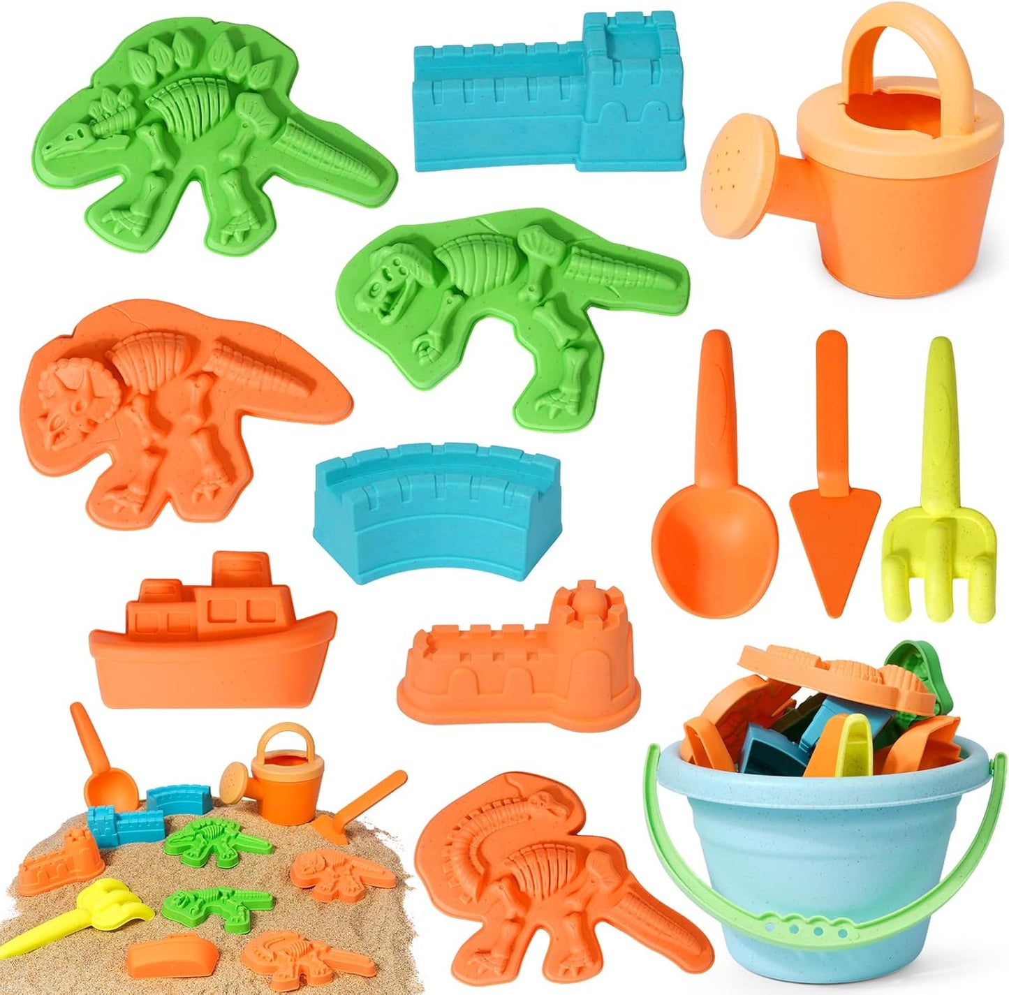 Beach Toys Set for Kids Toddlers, Sand Bucket and Shovels Set with Sand Molds Kettles