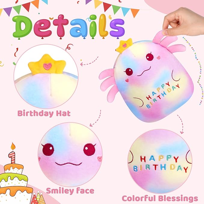 Happy Birthday Plush Toy, 8Inch Cute Axolotl Plush, Axolotl Stuffed Animals Soft Birthday Plush, Kawaii Axolotl Plushie Doll Home Party Decoration Birthday Gift for Kids Boys Girls