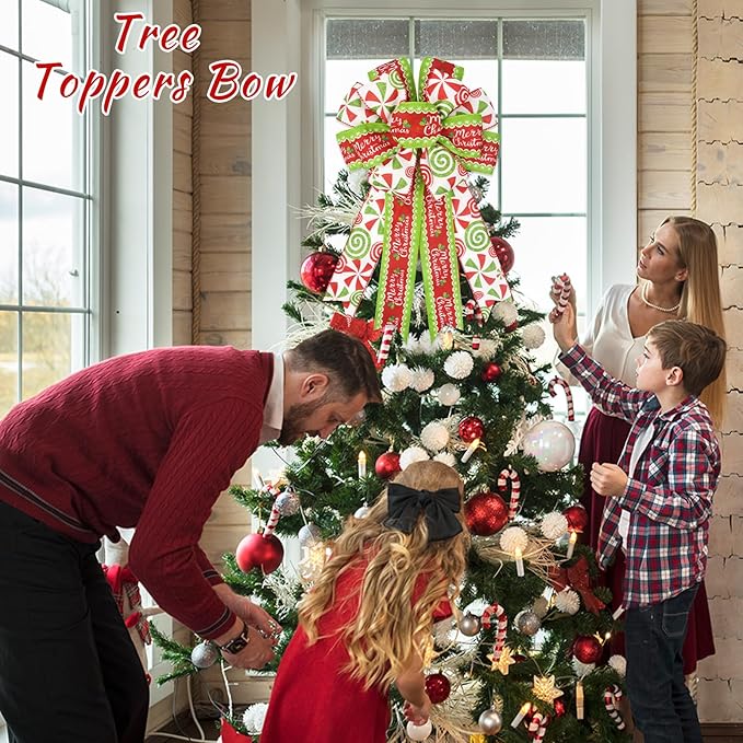 Christmas Bows, Green Red Candy Cane Bows for Christmas Tree Topper Decoration, Large Christmas Bows for Wreaths for Front Door Holiday Party Outside Hanging Ornament