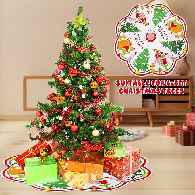 Christmas Tree Skirt, 48 Inch Large Scalloped Tree Skirts Elf Christmas Decorations for Tree, Christmas Party Tree Decorations Mat Holiday Party Farmhouse Decor