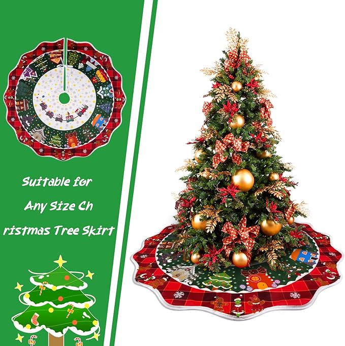 Green Monsters Tree Skirt Christmas Tree Skirt 48 Inch, Snowflake Round Red Green Tree Skirt,Christmas Tree Skirts for Christmas Decorations New Year Holiday Party Indoor Outdoor