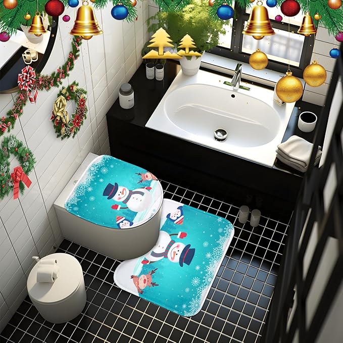 4Pcs Christmas Shower Curtain Set, Snowman Christmas Bathroom Sets with Waterproof Shower Curtain, Non Slip Rugs, Toilet Lid Cover, Bath Mat, Xmas Gifts Bathroom Decor with 12 Hooks 71'' x 71''
