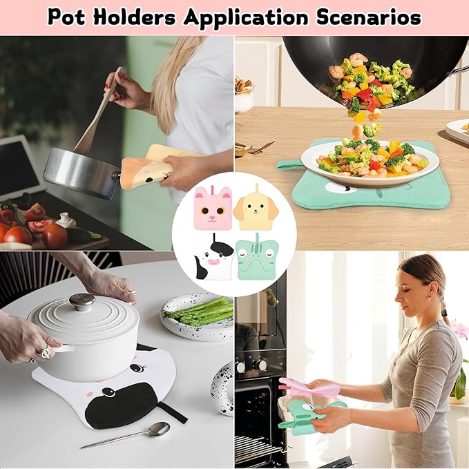 4 Pack Pot Holders for Kitchen,Cute Animal Design Hot Pads and Hanging Loop,Oven Pot Holders with Heat Resistance,Cotton Trivet for Cooking Baking