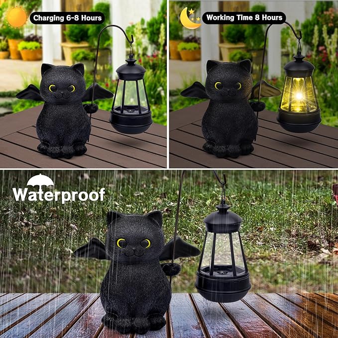 Solar Garden Statue Cat Figurine, Angel Black Cat Statues Garden Decor with LED Light Outdoor Statue for Patio Balcony Lawn Ornament, Housewarming Garden Gifts for Mom Dad Grandma