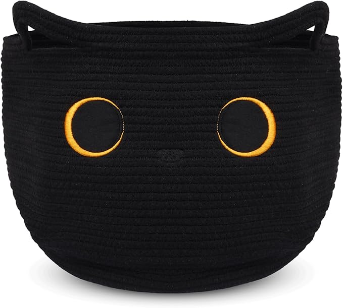 Cute Black Cat Round Basket - Cotton Rope Baskets Woven Basket Blanket Basket, Large Baby Laundry Blasket for Nursery Hamper With Handle Toy Storage Basket for Gifts,Living room(13.5×13.5×8.5Inch)
