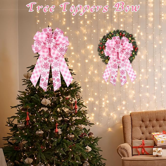 Christmas Bows for Wreaths, Snowflakes Pink and White Christmas Bows Tree Topper, Pink Buffalo Grid Christmas Bow for Front Door Wall Outdoor Christmas Décor Xmas Hanging Ornament