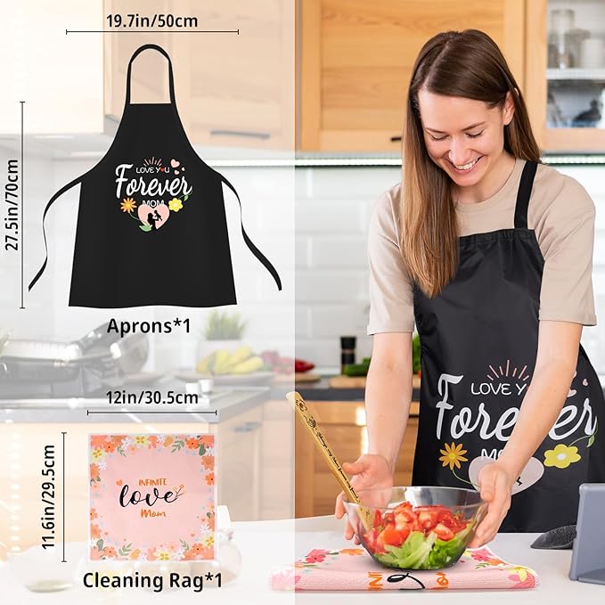 9Pcs Wooden Spoons for Cooking, Mothers Day Gift for Mom Wooden Kitchen Utensil Set with Aprons & Kitchen Towels, Bamboo Cooking Utensils Set Great Christmas Birthday Gift for Women Her