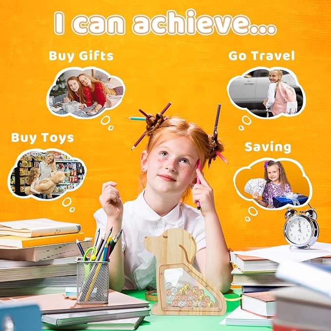 Wooden Piggy Bank for Kids, Cute Money Bank for Boys Girls, Wooden Coin Bank Unbreakable Piggy Bank, Creative Saving Money Box Great Gift for Child Adults Birthday Home Decor