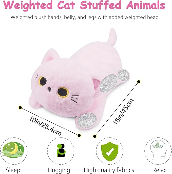 18 Inch Weighted Stuffed Animals,Cute Weighted Cat Stuffed Animal,Kawaii Weighted Pinks Cat Plush Pillow,Soft Weighted Pinks Cat Plushie Toy Birthday Gifts for Kids Girl