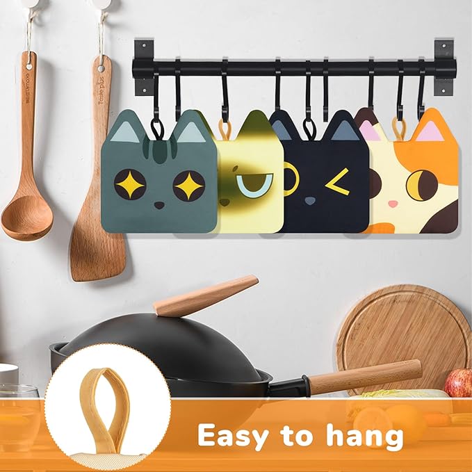 4PCS Pot Holders,Cat Pot Holders for Kitchen,Cute Hot Pads with Pocket and Hanging Loops,Heat Resistant Hot Pad Oven Mitts for Kitchen Cooking and Baking (Cool cat)