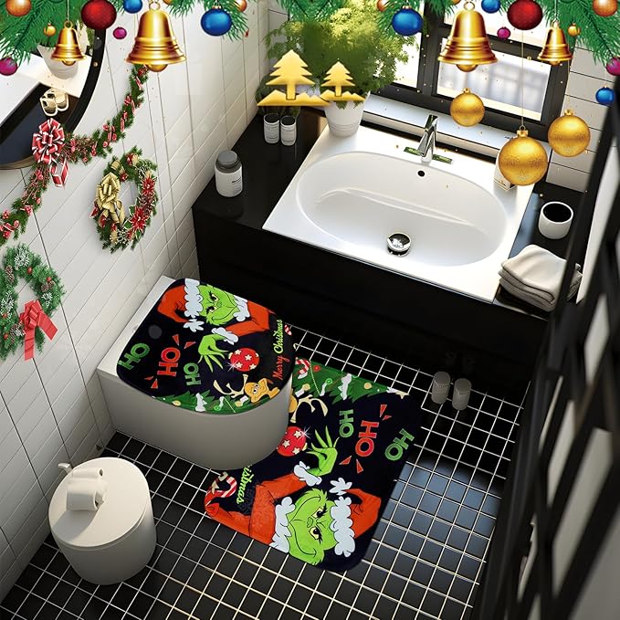 4Pcs Christmas Shower Curtain Set, Funny Christmas Bathroom Sets with Waterproof Shower Curtain, Non Slip Rugs, Toilet Lid Cover, Bath Mat, Xmas Gifts Bathroom Decor with 12 Hooks 71'' x 71''